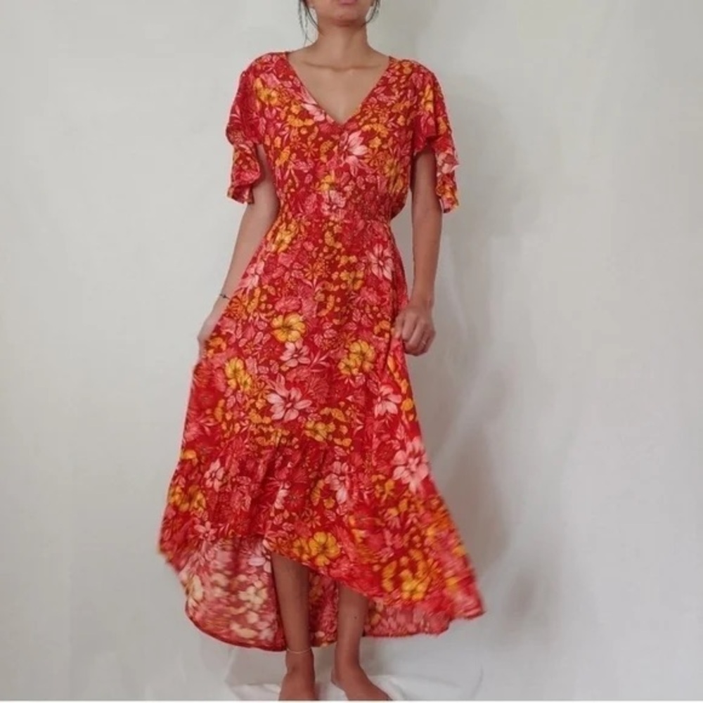 Abel the Label Anthropologie Floral Maxi Dress Red Size XS Boho Resort Vacation